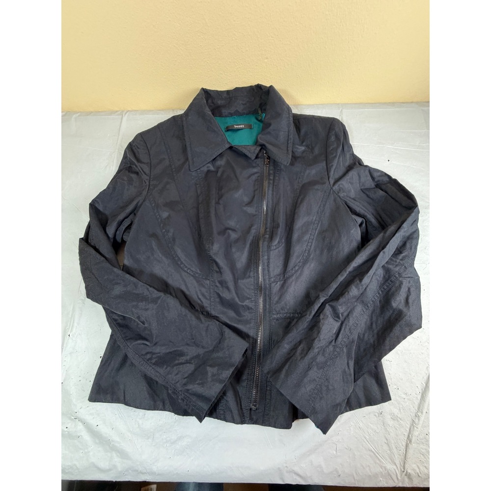 Tahari Womens Black Metallic Asymmetric Zip Lightweight Jacket Blazer Coat 10